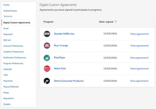 Digital Custom Agreements page on hacker profile